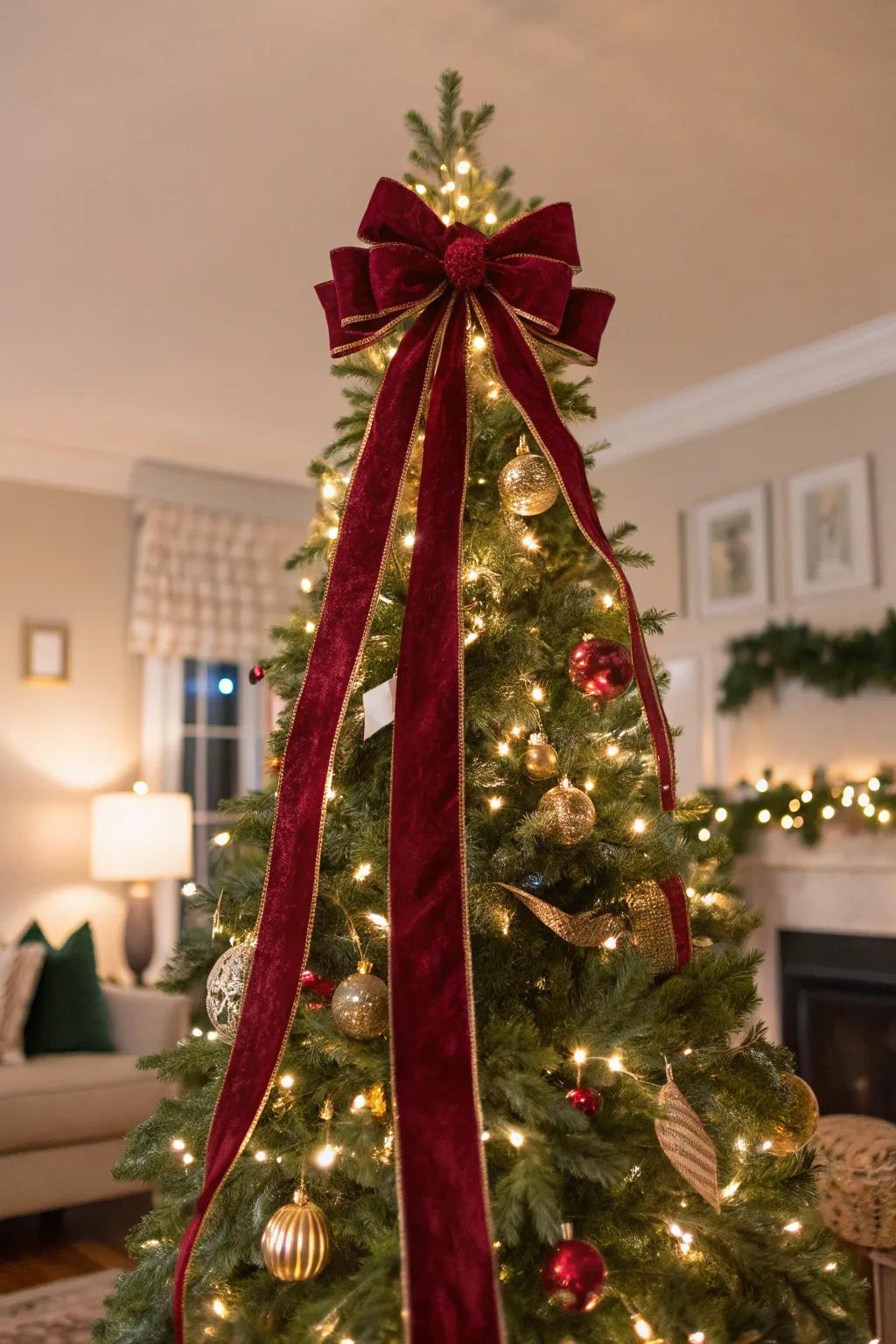 A velvet ribbon bow crafts a breathtaking, elegant tree.