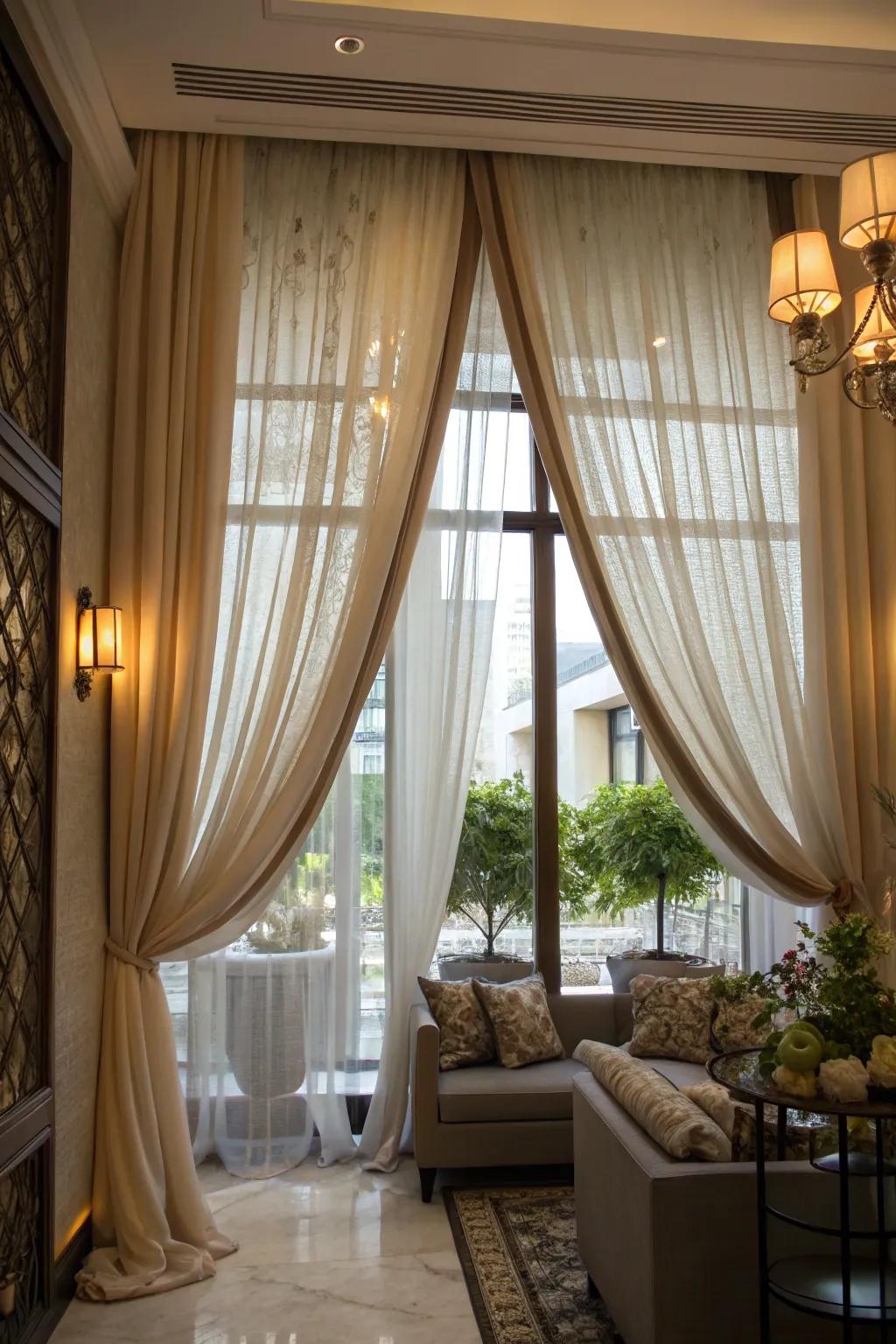 Layered curtains produce depth and luxury.
