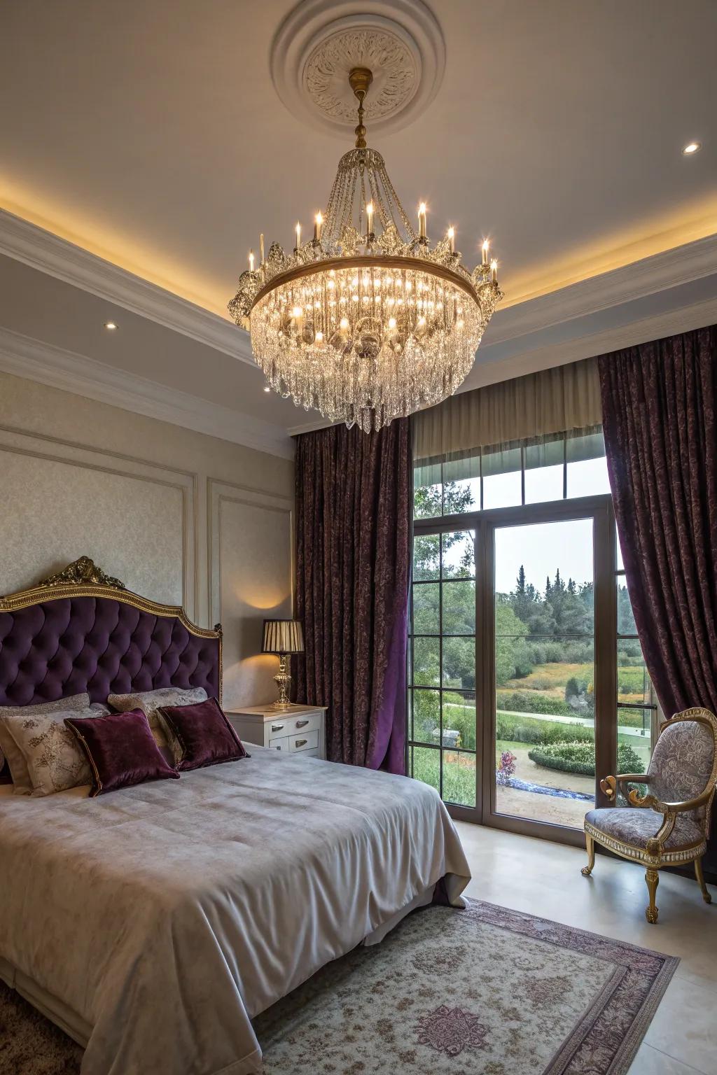 A luxury bedroom highlighted by a stunning crystal chandelier.