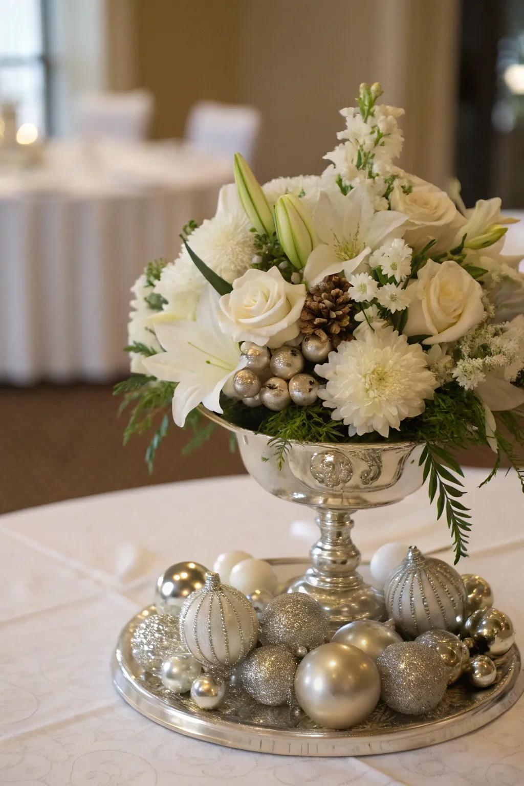 Decorative centerpiece with flowers and metallic accents