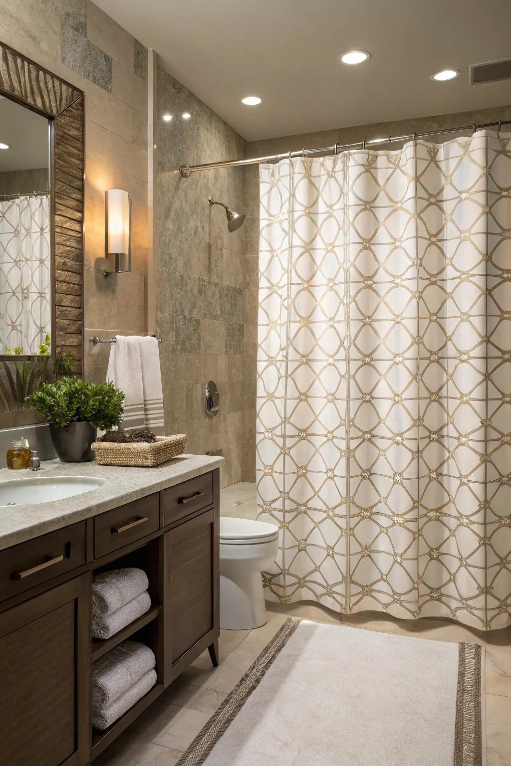 A bathroom highlighting a shower screen with subtle geometric designs for an added layer of sophistication.