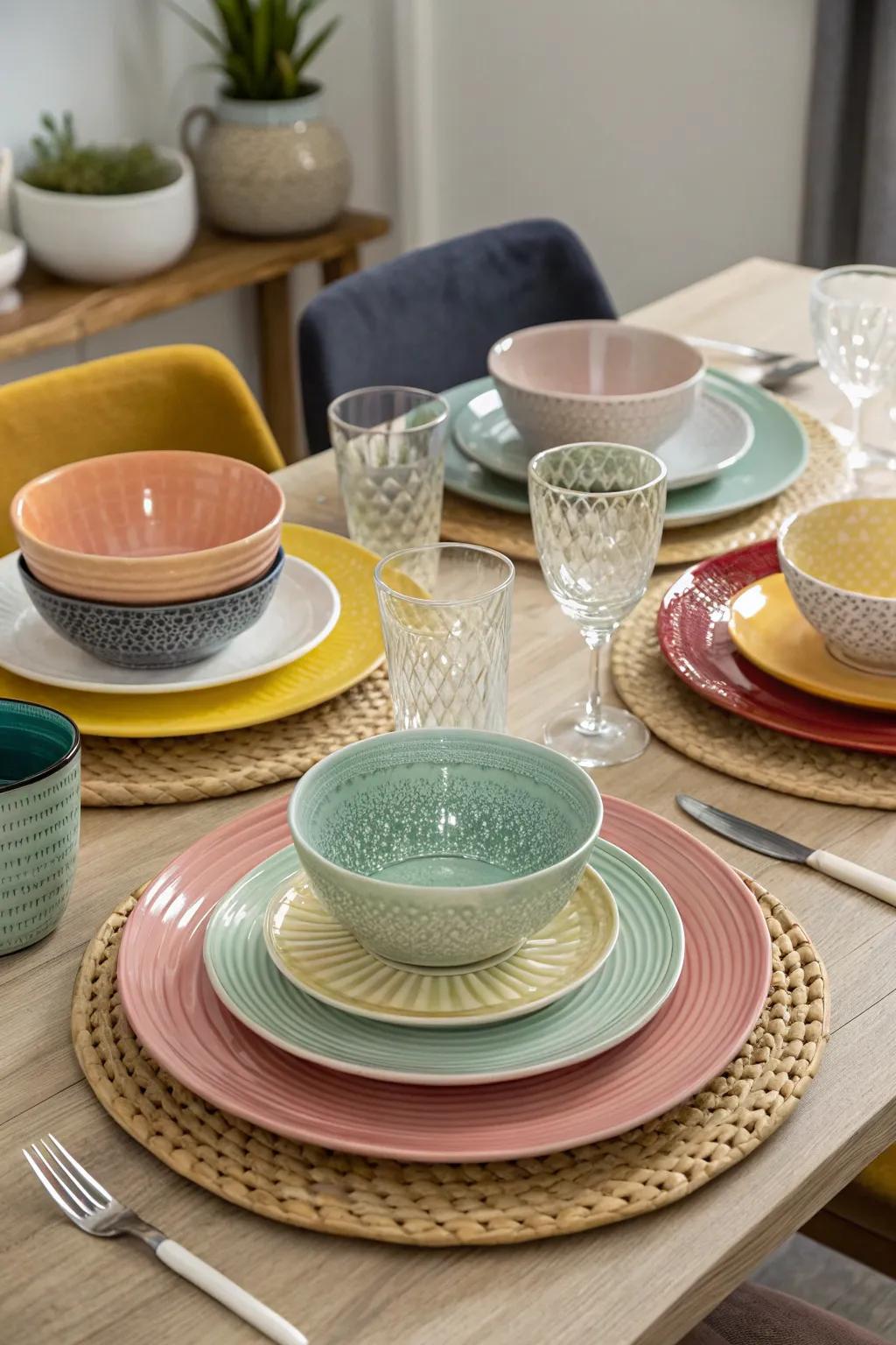 Layered dinnerware adds depth and interest to the table.