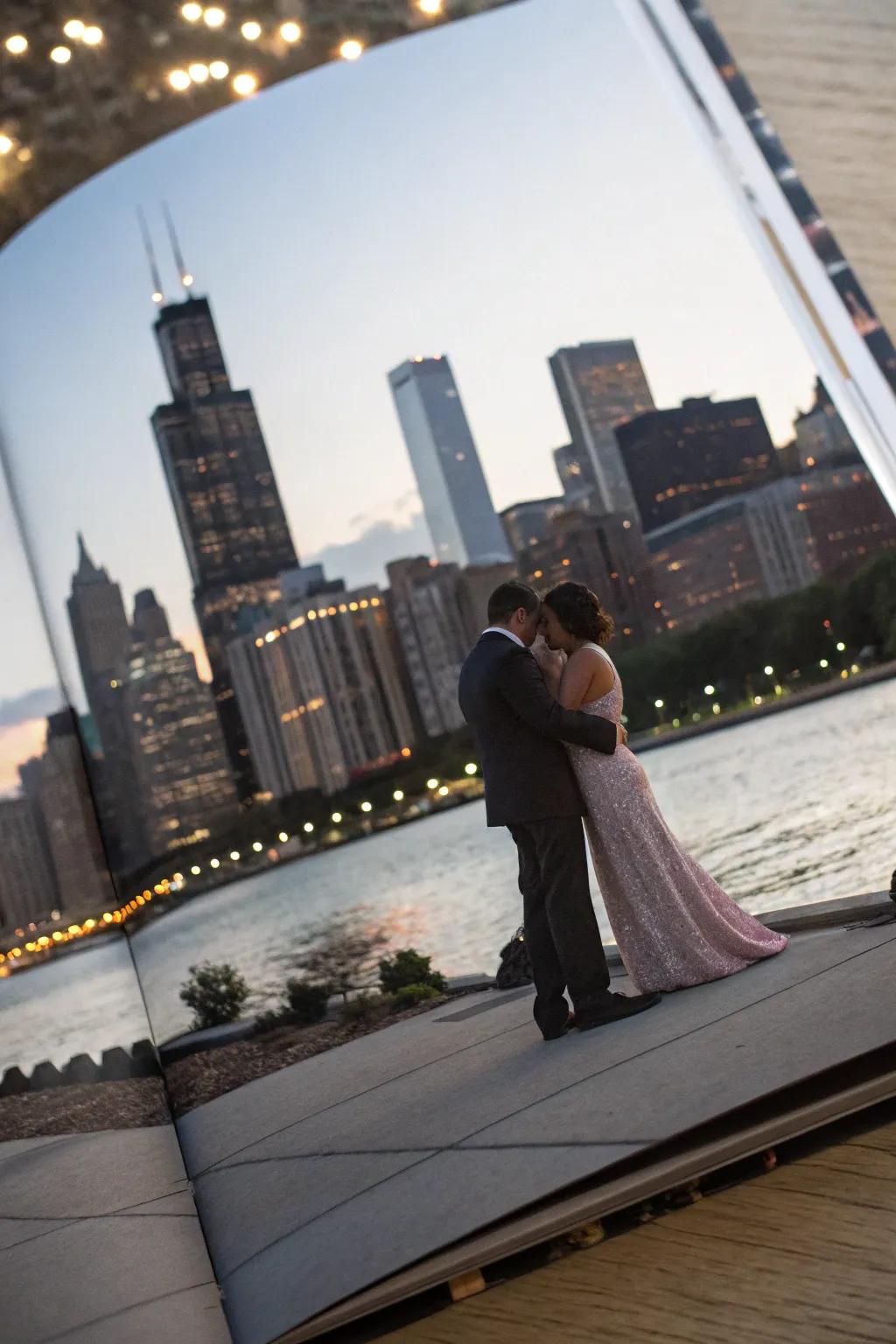 A sophisticated urban engagement moment captured against a city skyline.