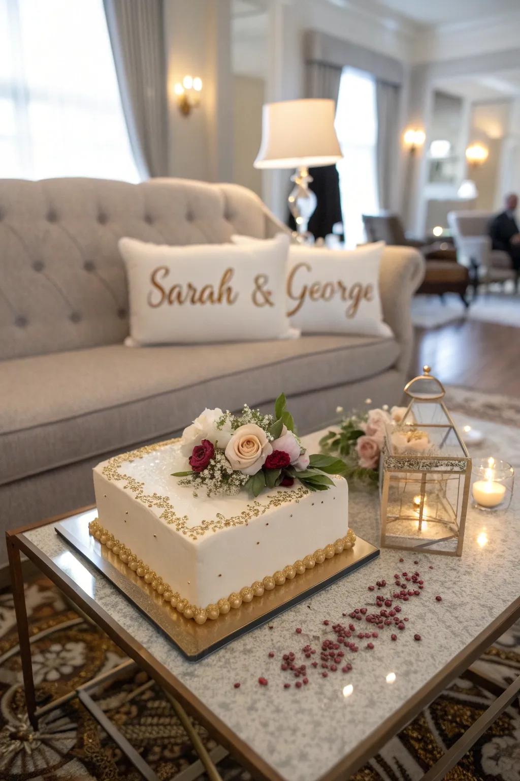 A personalized engagement sheet cake showcasing the couple's names.