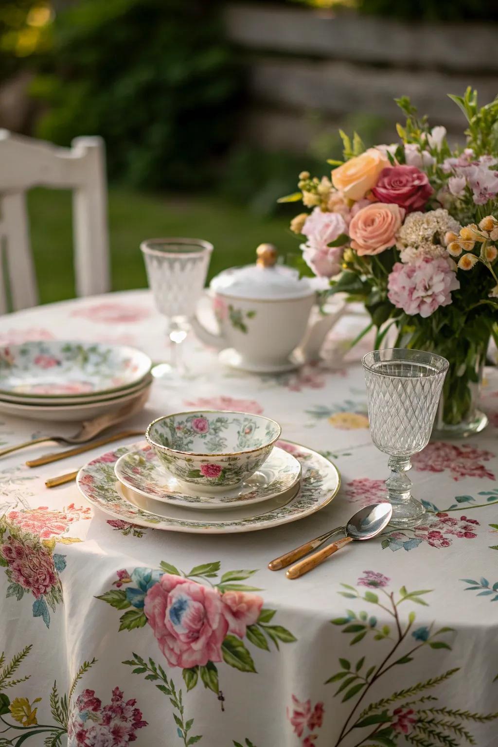 Vintage-inspired settings enhance the tea garden ambiance.
