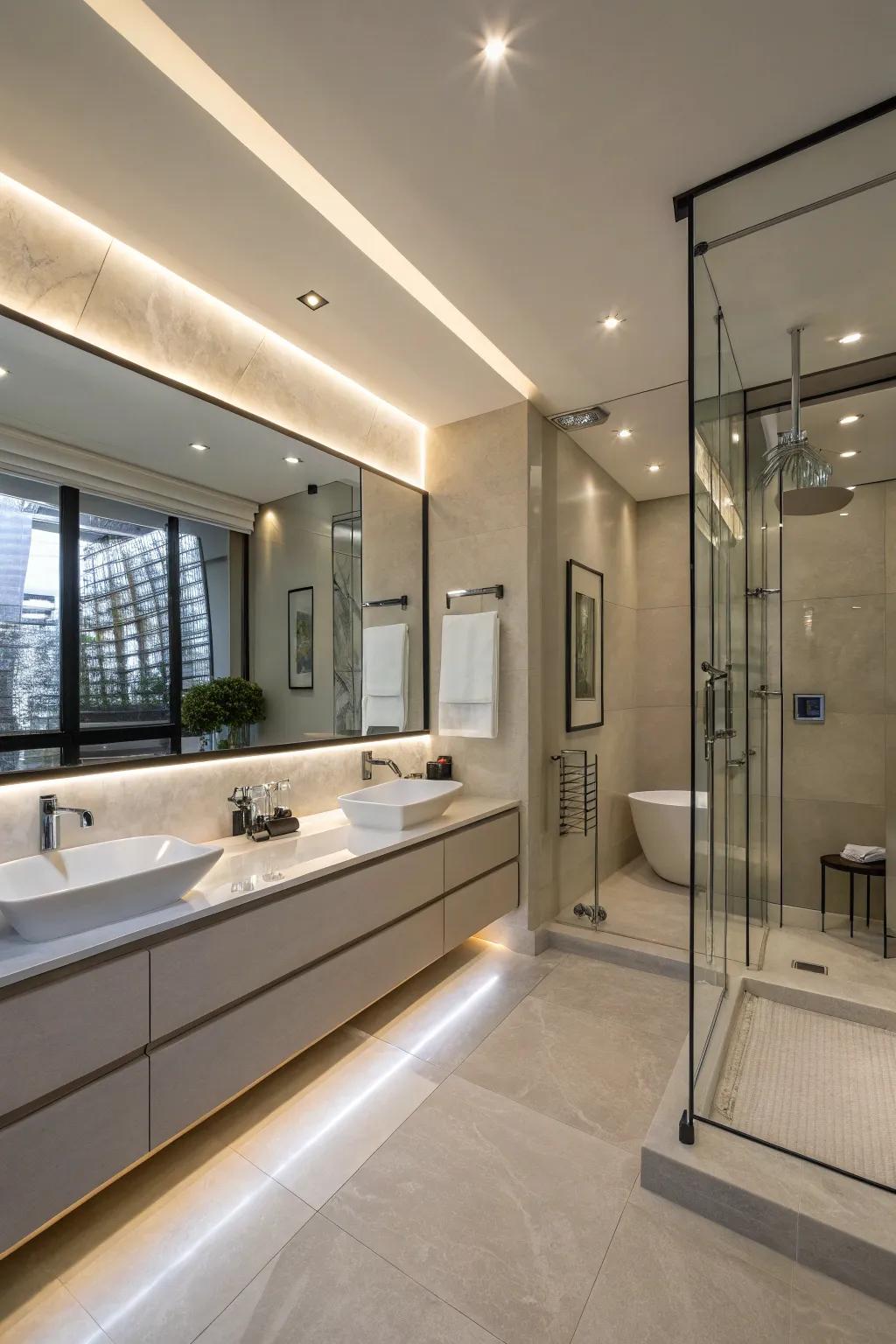 Streamlined hardware in a modern-day ensuite establishes a pristine and sophisticated appearance.