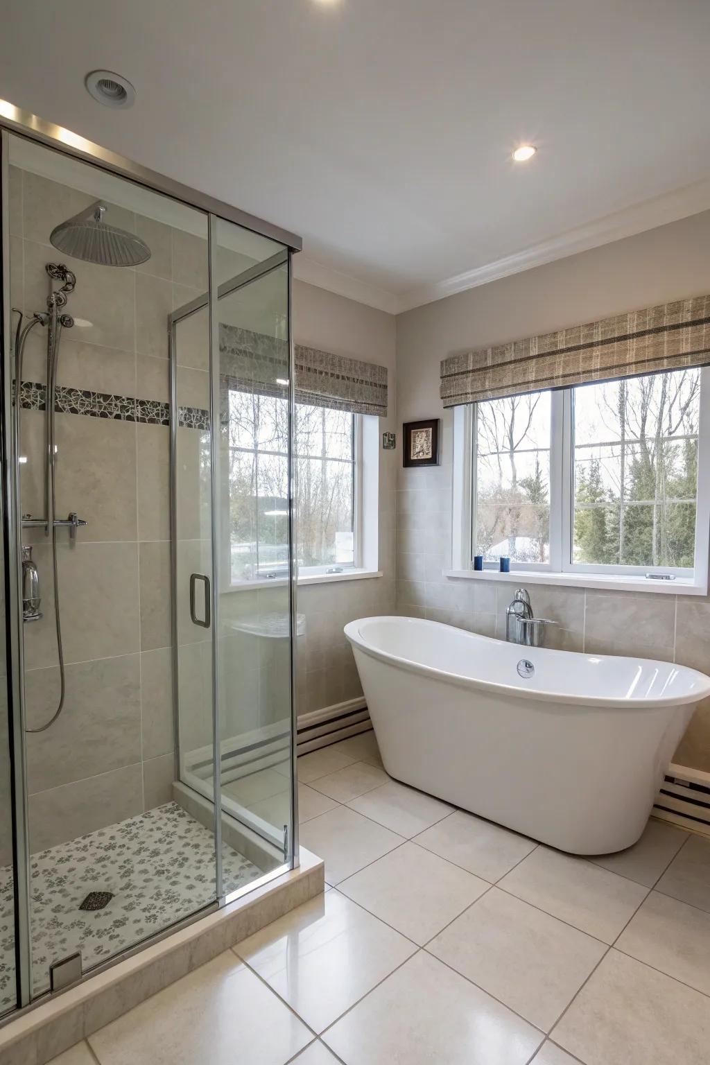Layouts featuring separate showers and bathtubs evoke a spa-like atmosphere.