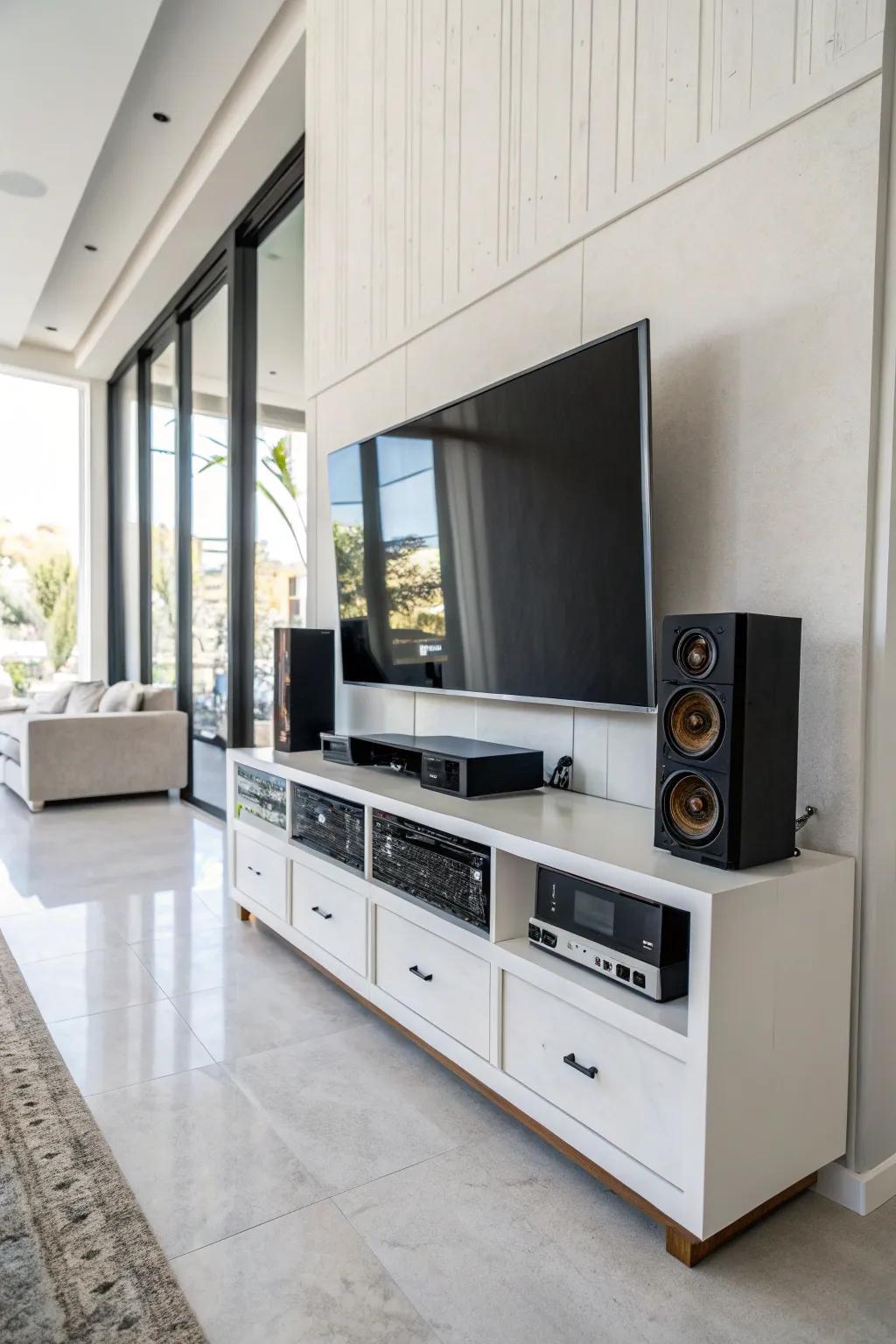A sleek entertainment center flaunting a TV unit secured onto the wall.
