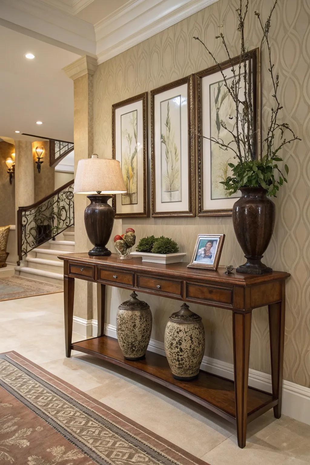 An entry table gives both practicality and elegance to the foyer.