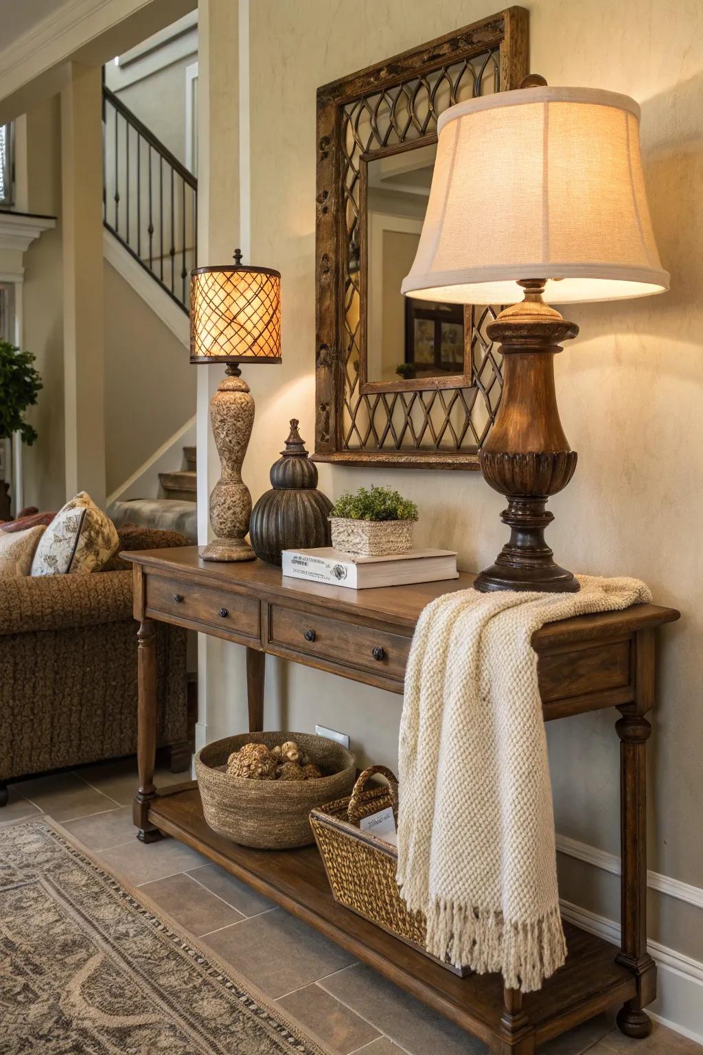 A decorative table lamp adds warmth and style to this inviting entryway.
