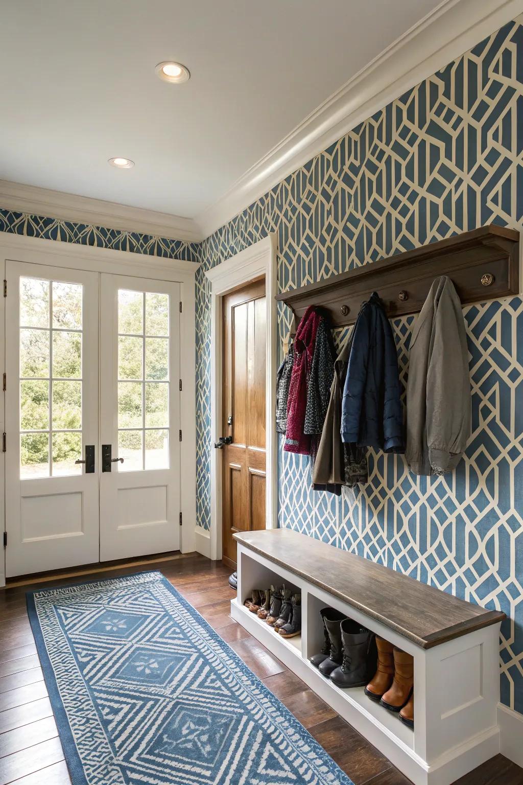 Patterns liven up this mudroom, which makes it a classy entryway feature.