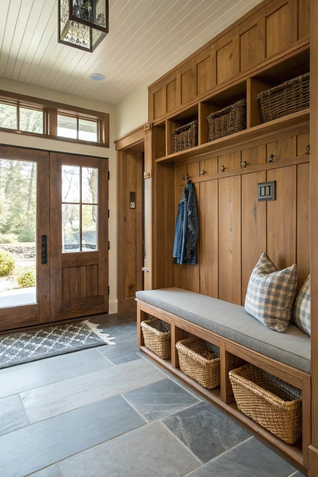 Combine style with practical seating and storage in your entryway.