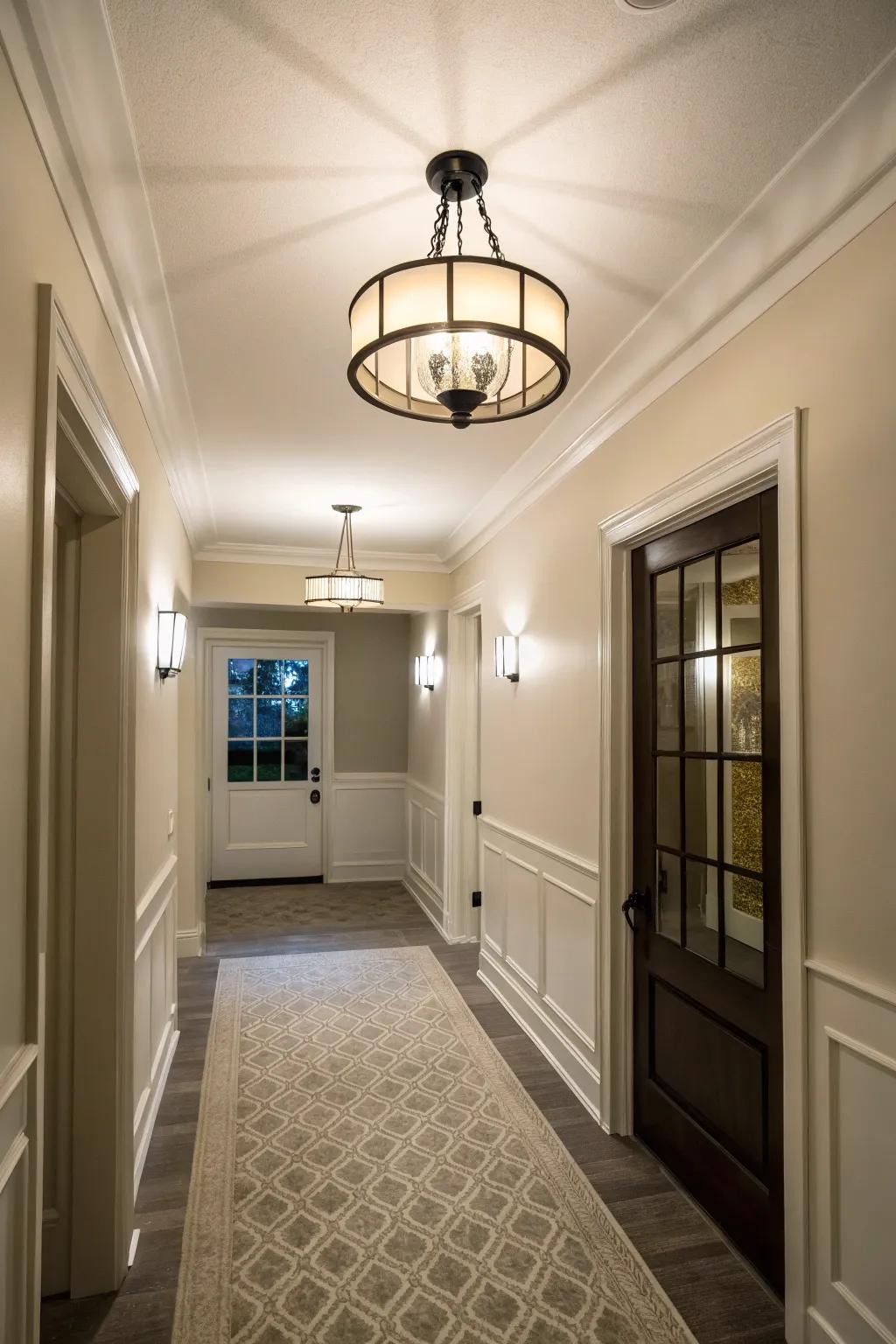 A modest foyer showcases a flush mount ceiling light, ideally suited for spaces featuring low ceilings.