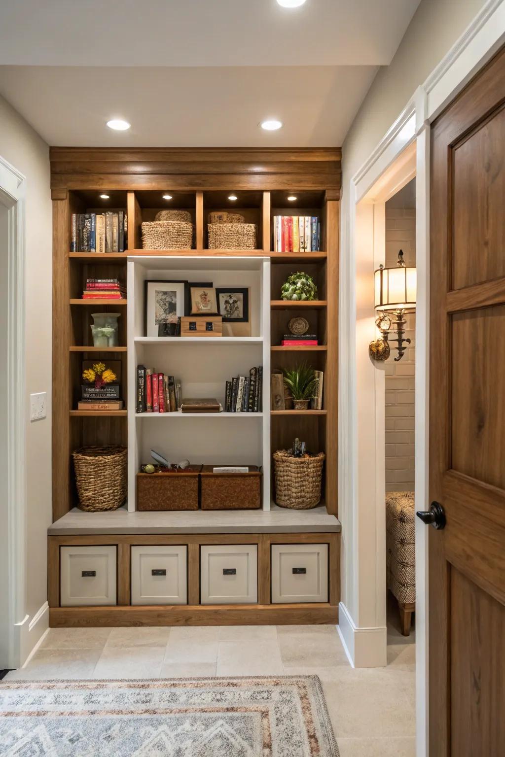 Integrated shelves and cubbies provide generous storage.