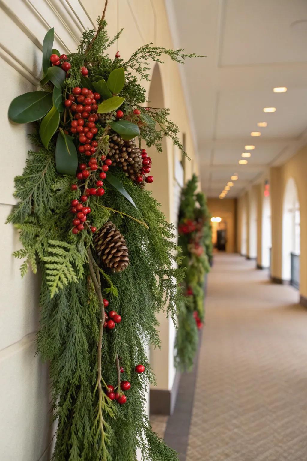 A colorful cascade with berries and greenery in a hallway.
