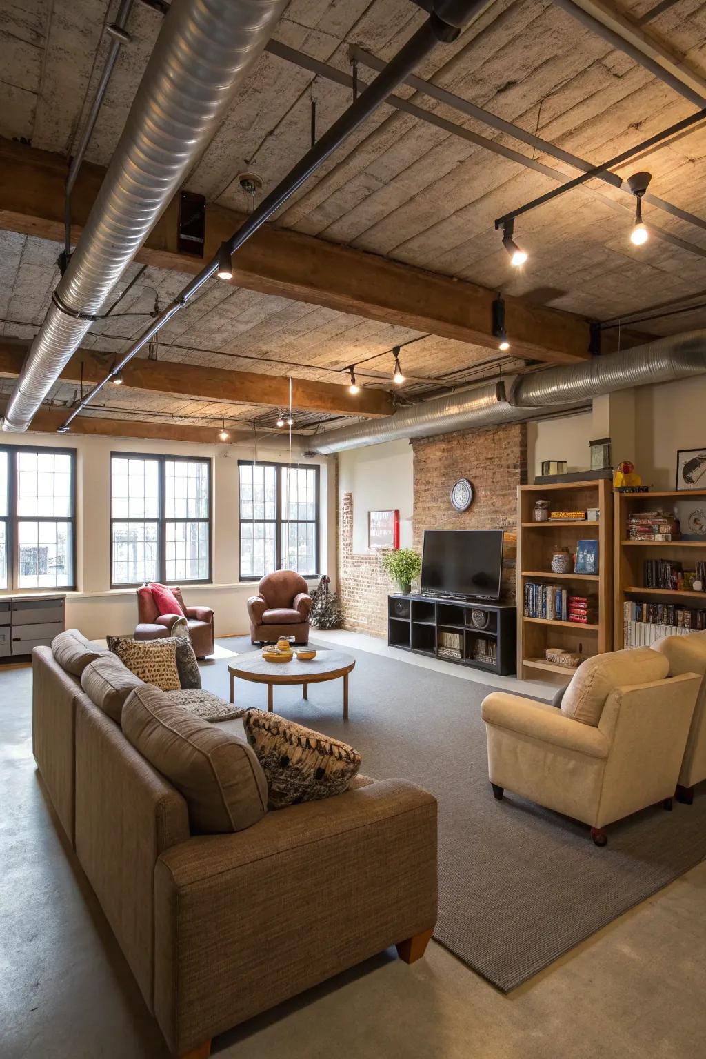 An open-plan design maximizes the spacious feel of a basement with an exposed ceiling.