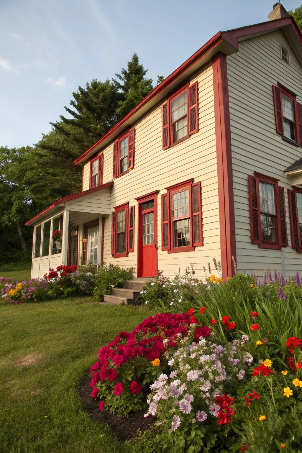 A vibrant red trim gives this home a distinctive charm.