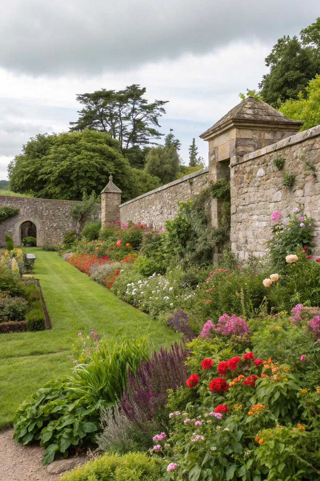 Stone facades in gardens produce a harmonious fusion of organic splendor.