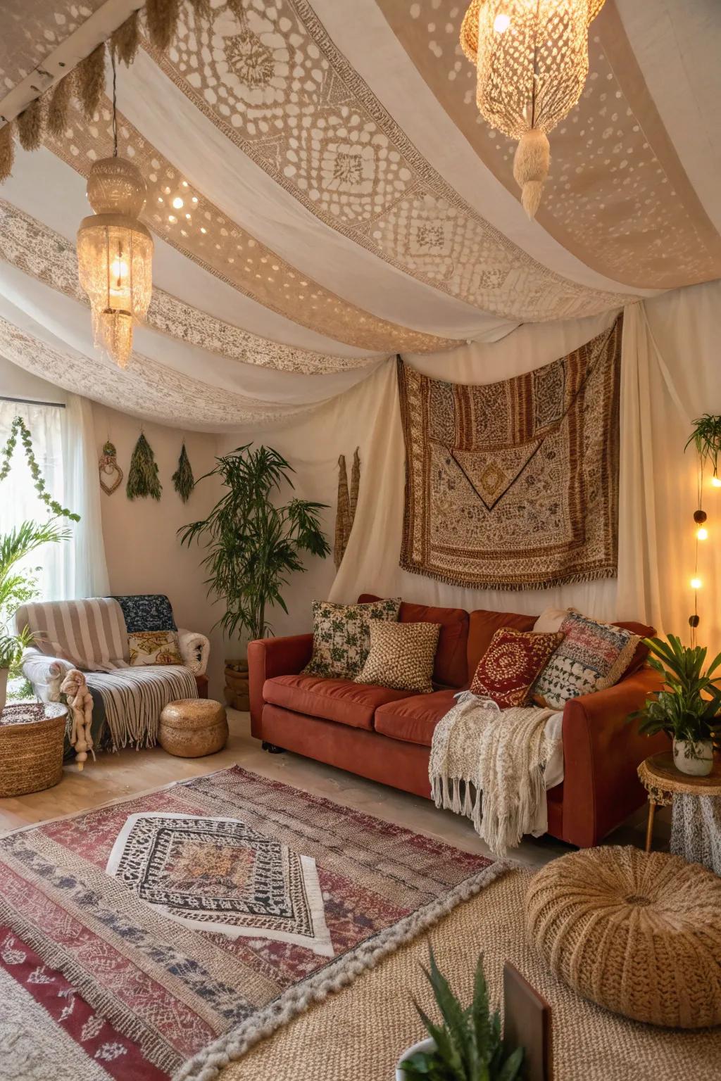 Introduce richness using assembled fabric textures across your ceiling.