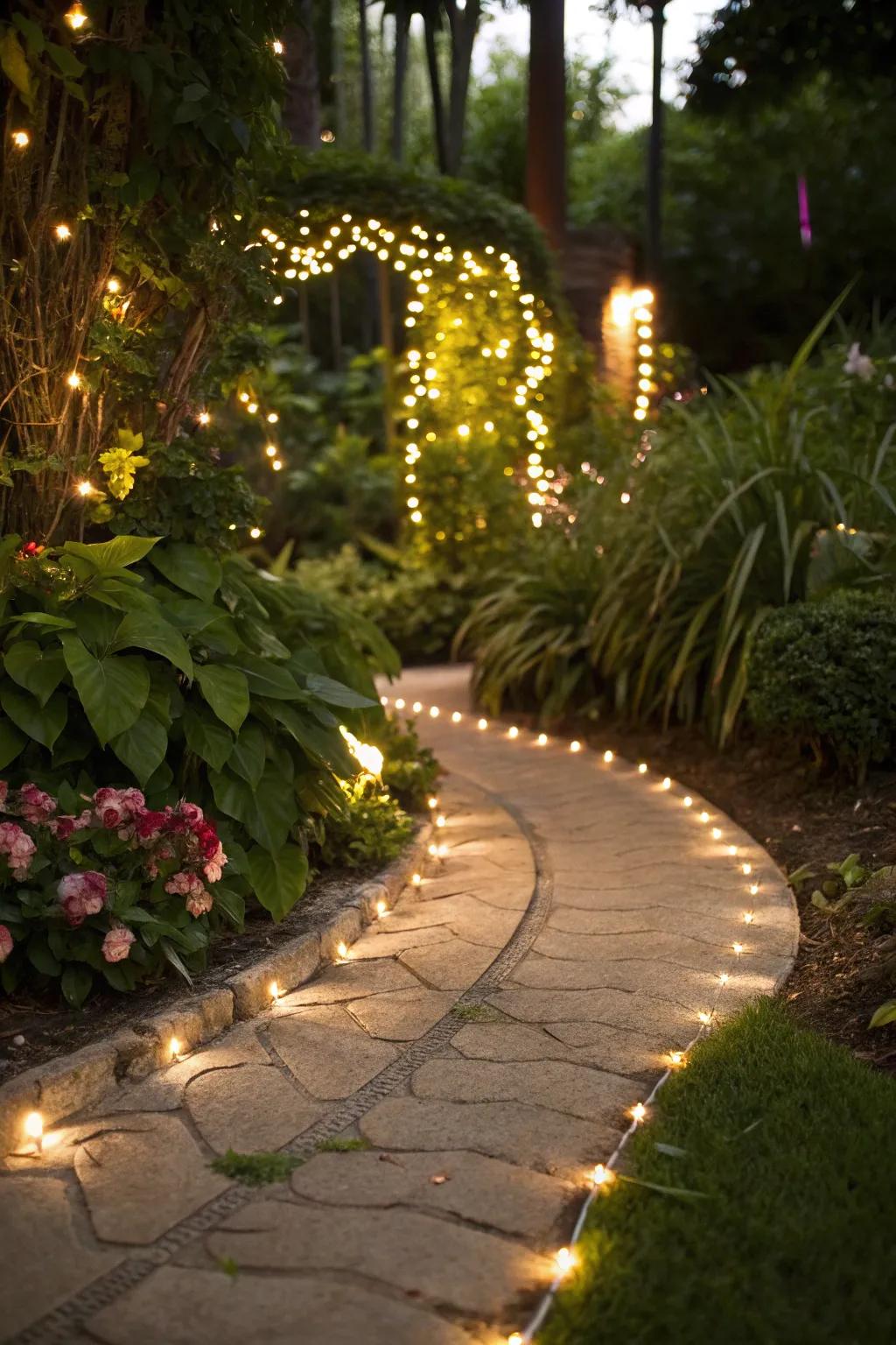 Fairy lights brighten pathways with a welcoming shine.
