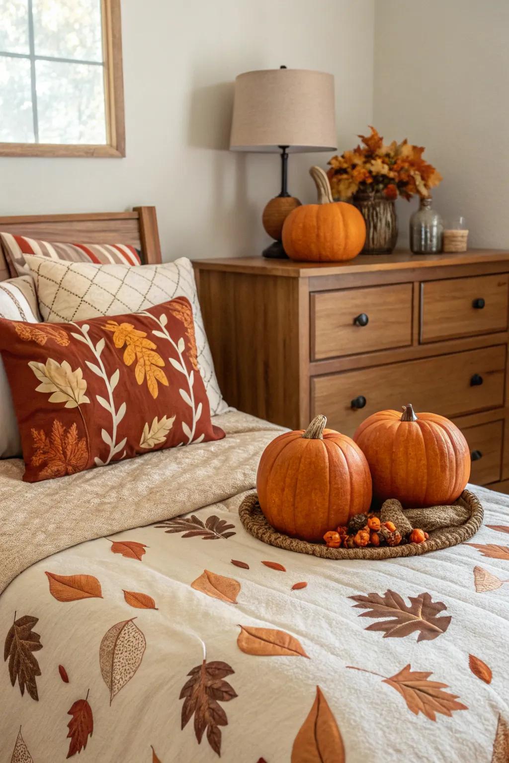 Seasonal ornaments contribute a celebratory nuance to your fall bedroom.