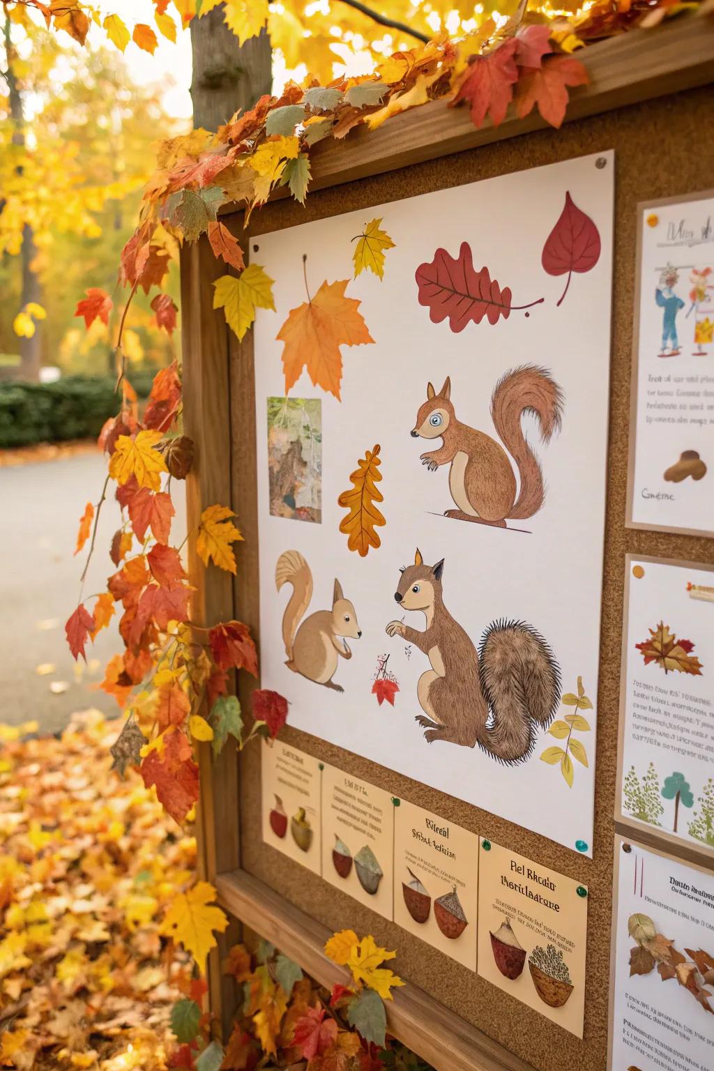 Squirrels collecting acorns add a playful element to this fall bulletin board.