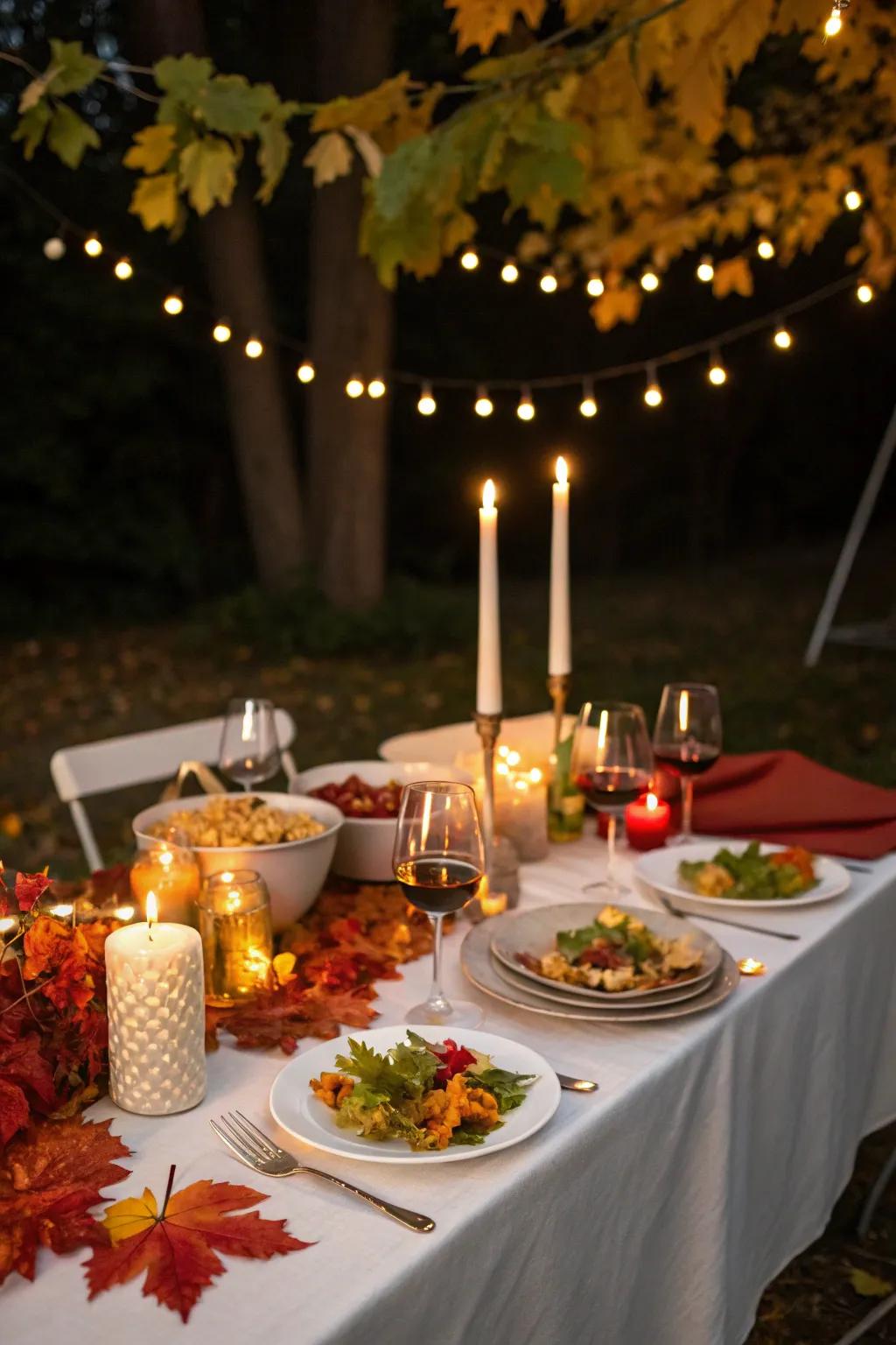 Candles and string lights create a warm and inviting dinner ambiance.