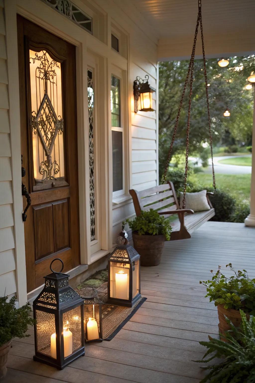 Beacons deliver a snug, welcoming radiance to a fall-inspired entrance.