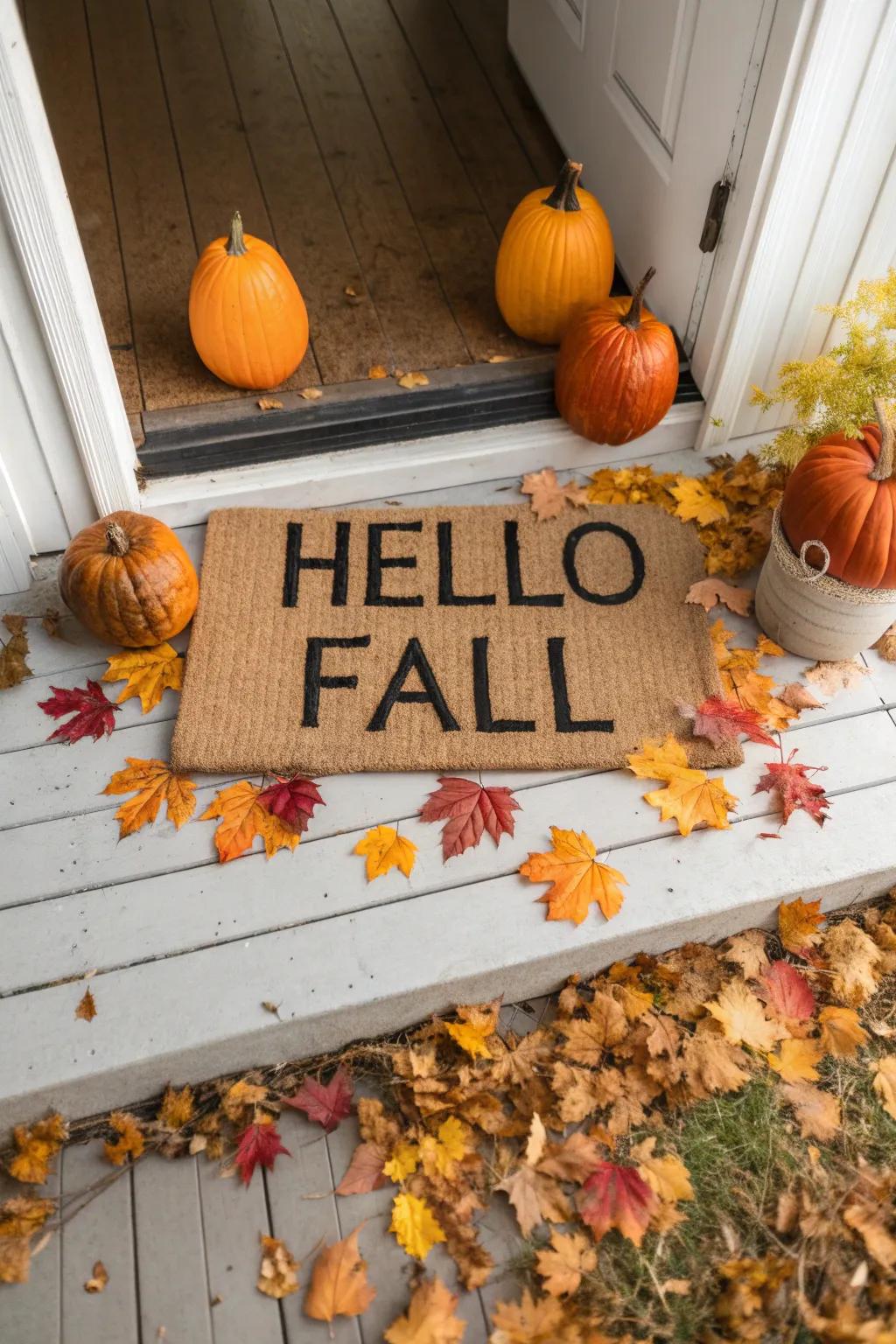 A welcoming doormat sporting a cheerful fall greeting.