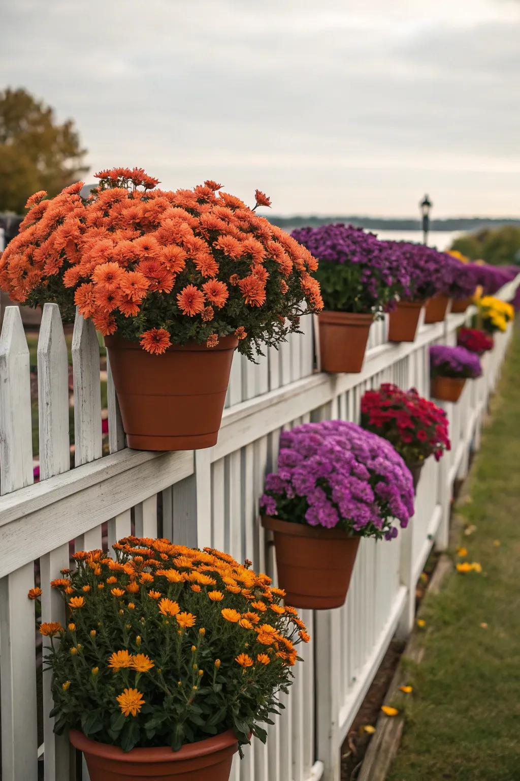 Dazzling chrysanthemums in containers contribute dynamic seasonal colors to a fence.