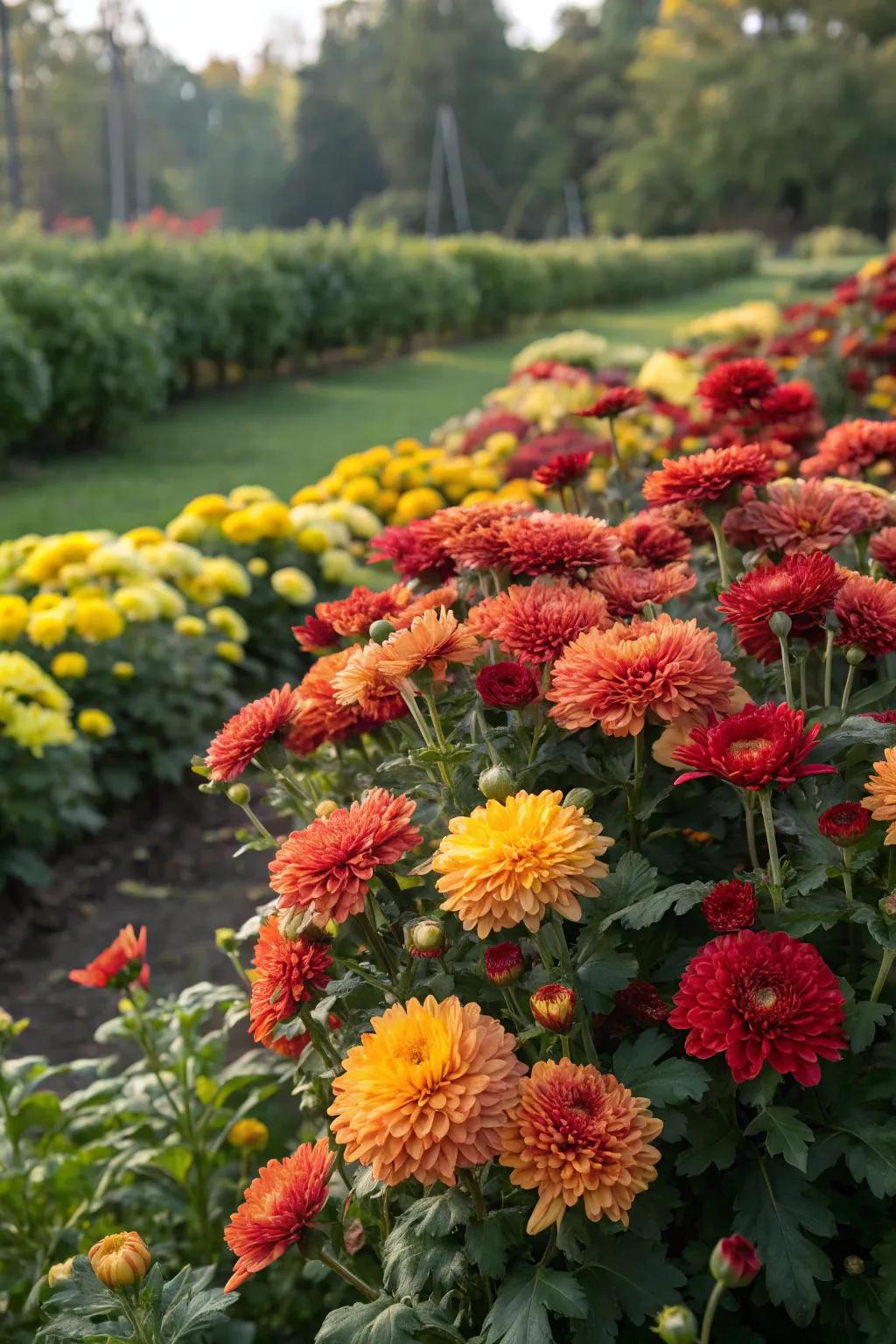 Chrysanthemums introduce a cheerful splash of color.
