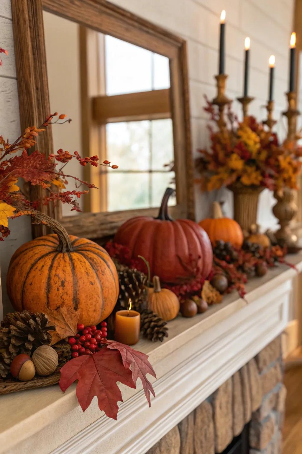 An autumnal mantel exhibiting warm autumnal shades for a snug sensation.