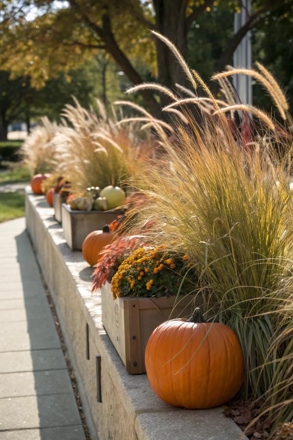 Decorative grasses paired with gourds introduce texture and structure.