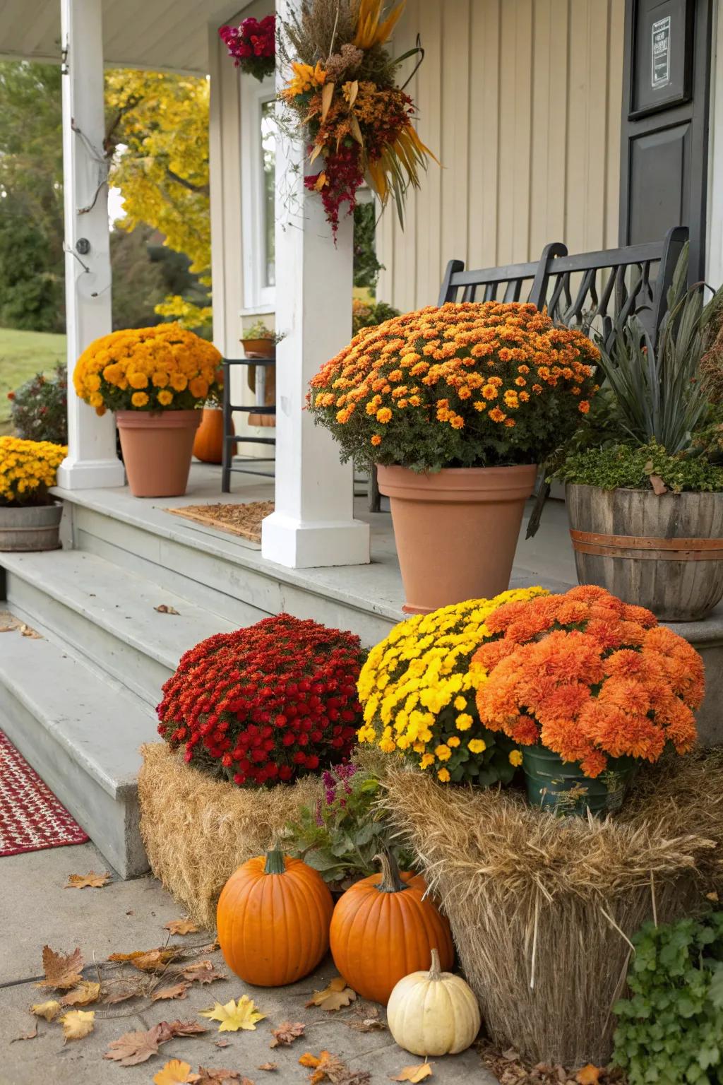 Vibrant mums breathe vitality and vibrancy into the autumnal porch ambiance.