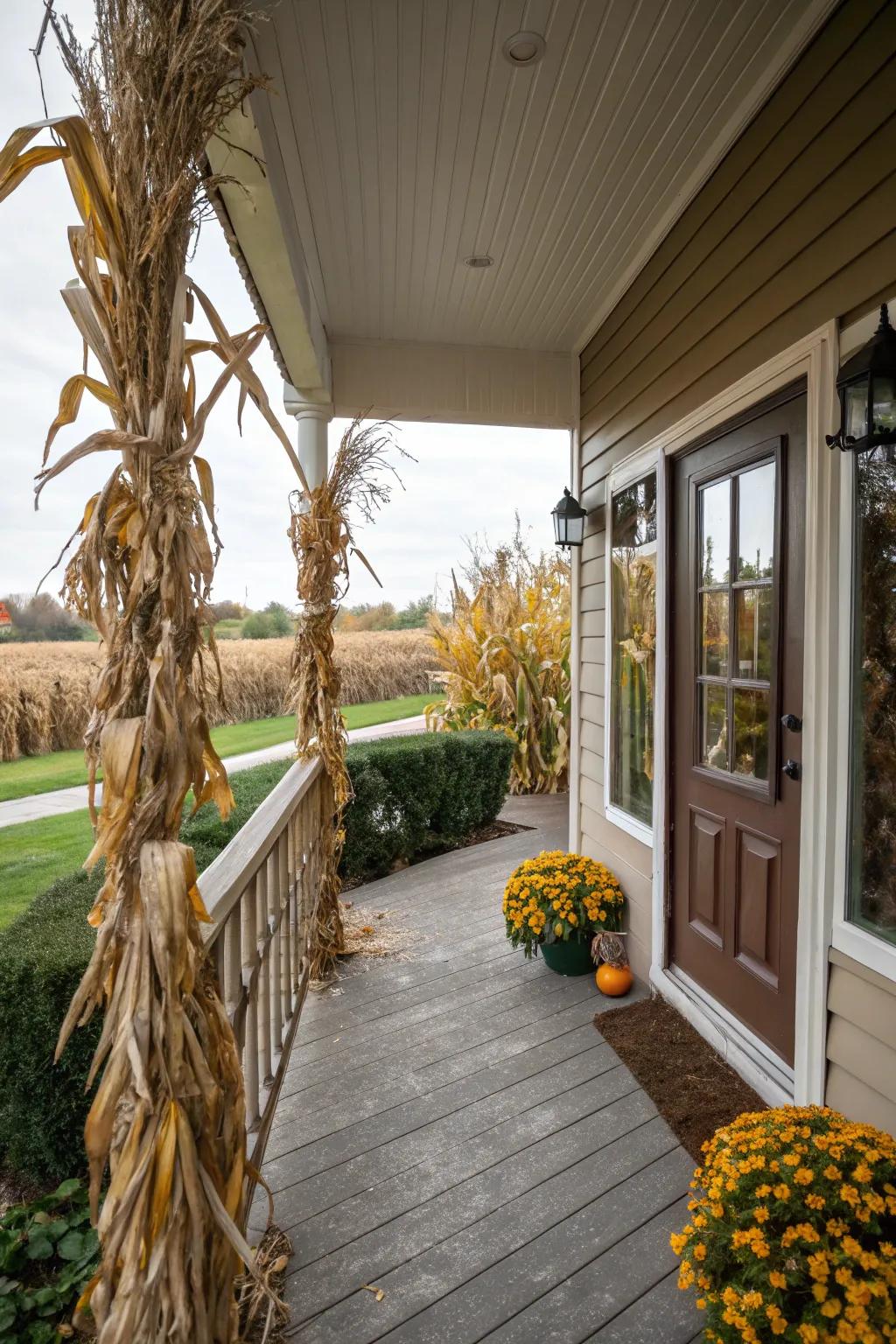 Soaring tall reed bundles lend a countryside allure and height to your fall porch design.