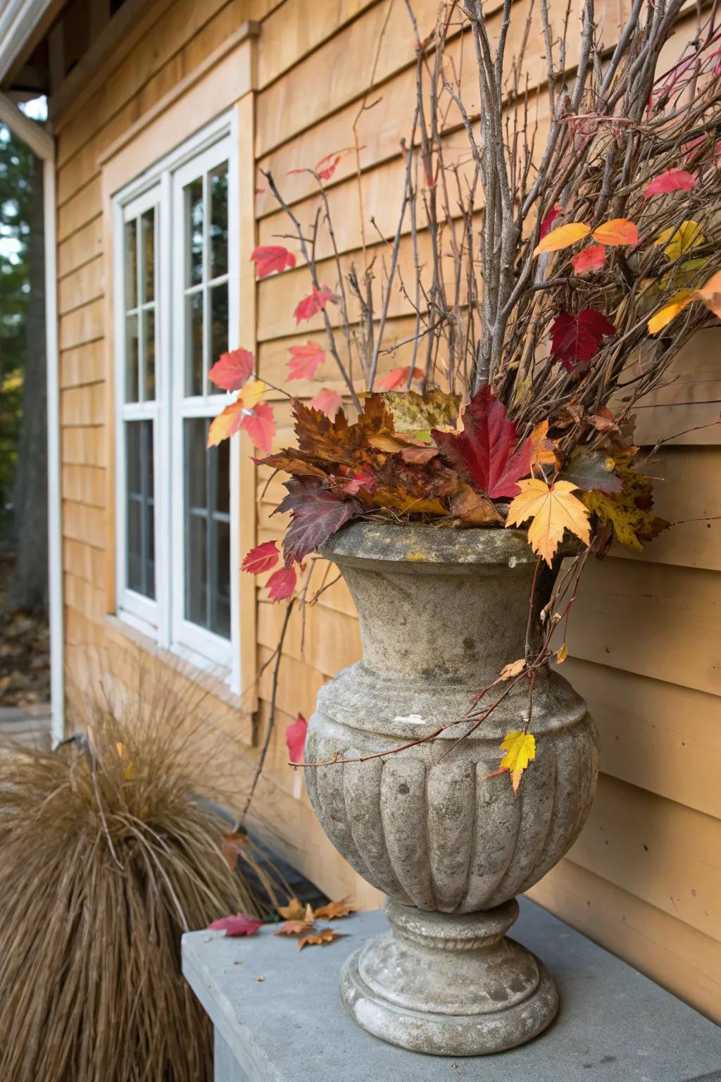 Rustic charm with twigs and autumn leaves in a fall urn.