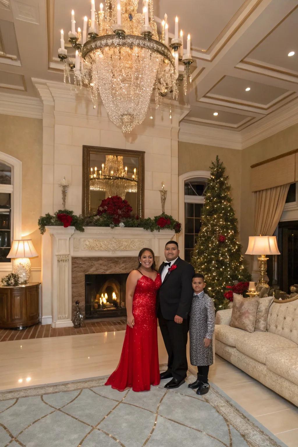 A formal family portrait, framed by elegant holiday decor, emanates timeless allure.