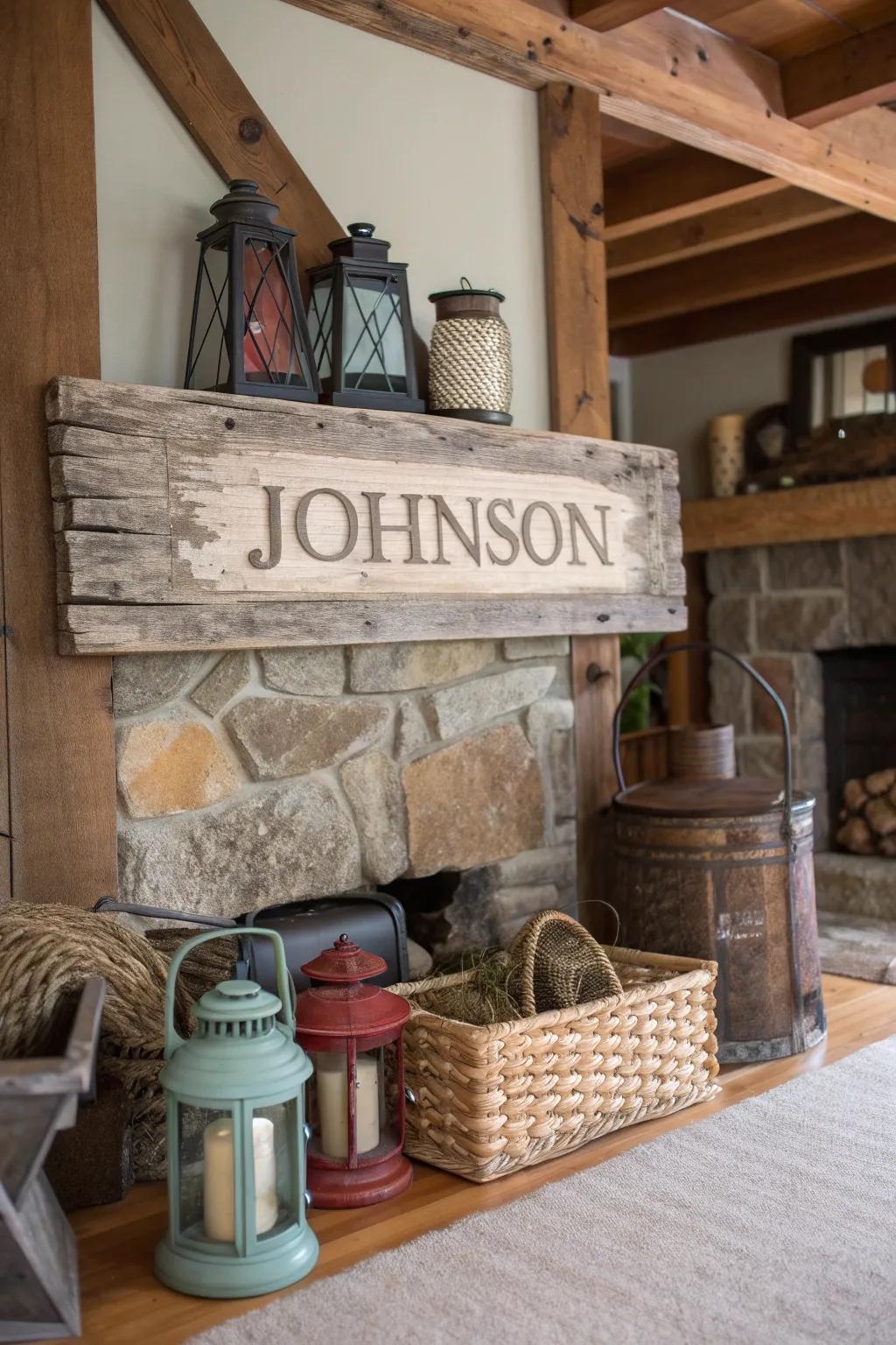 A farmhouse-style family name marker enhancing a vintage-themed room.
