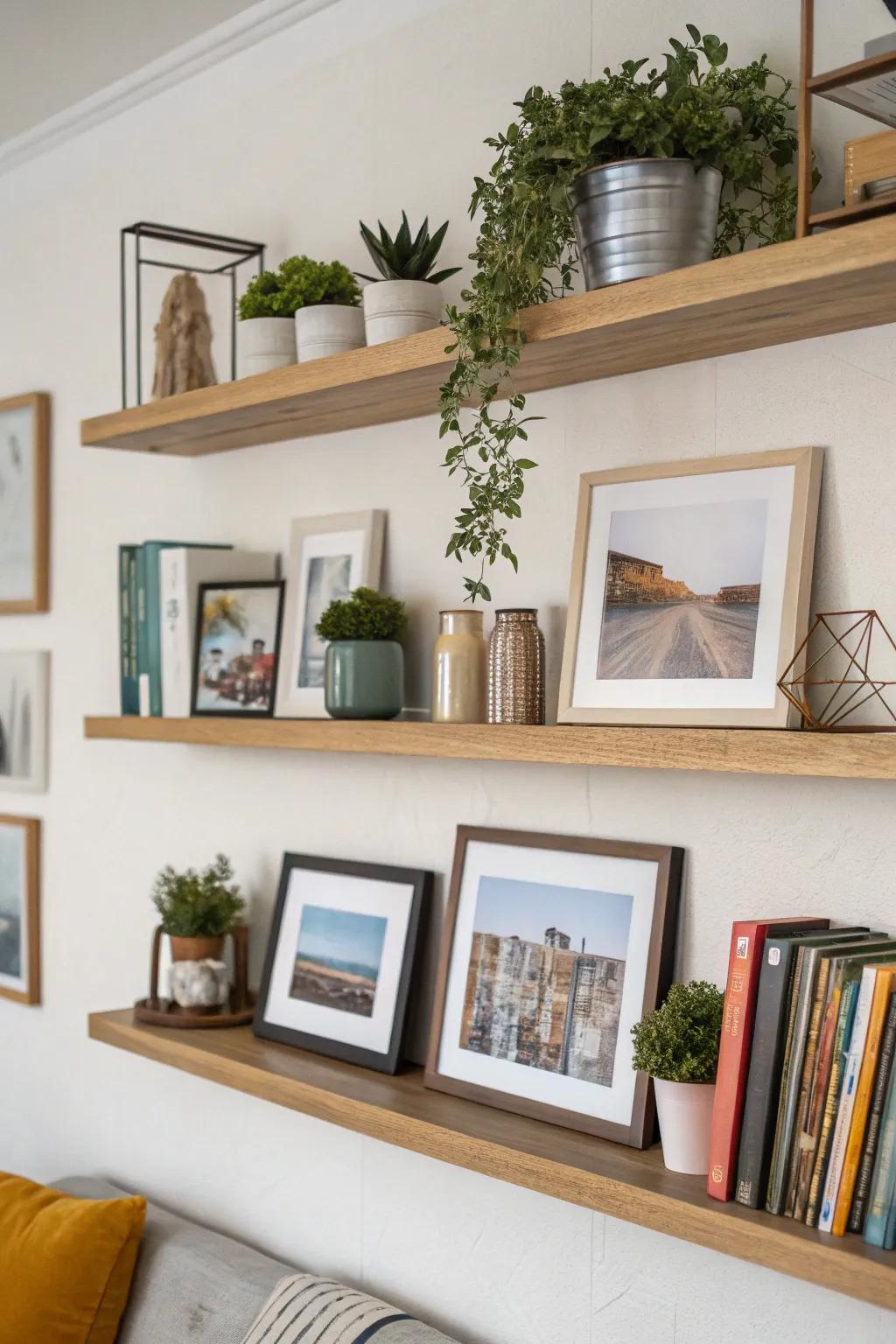 Hanging ledges with images and decor elements.