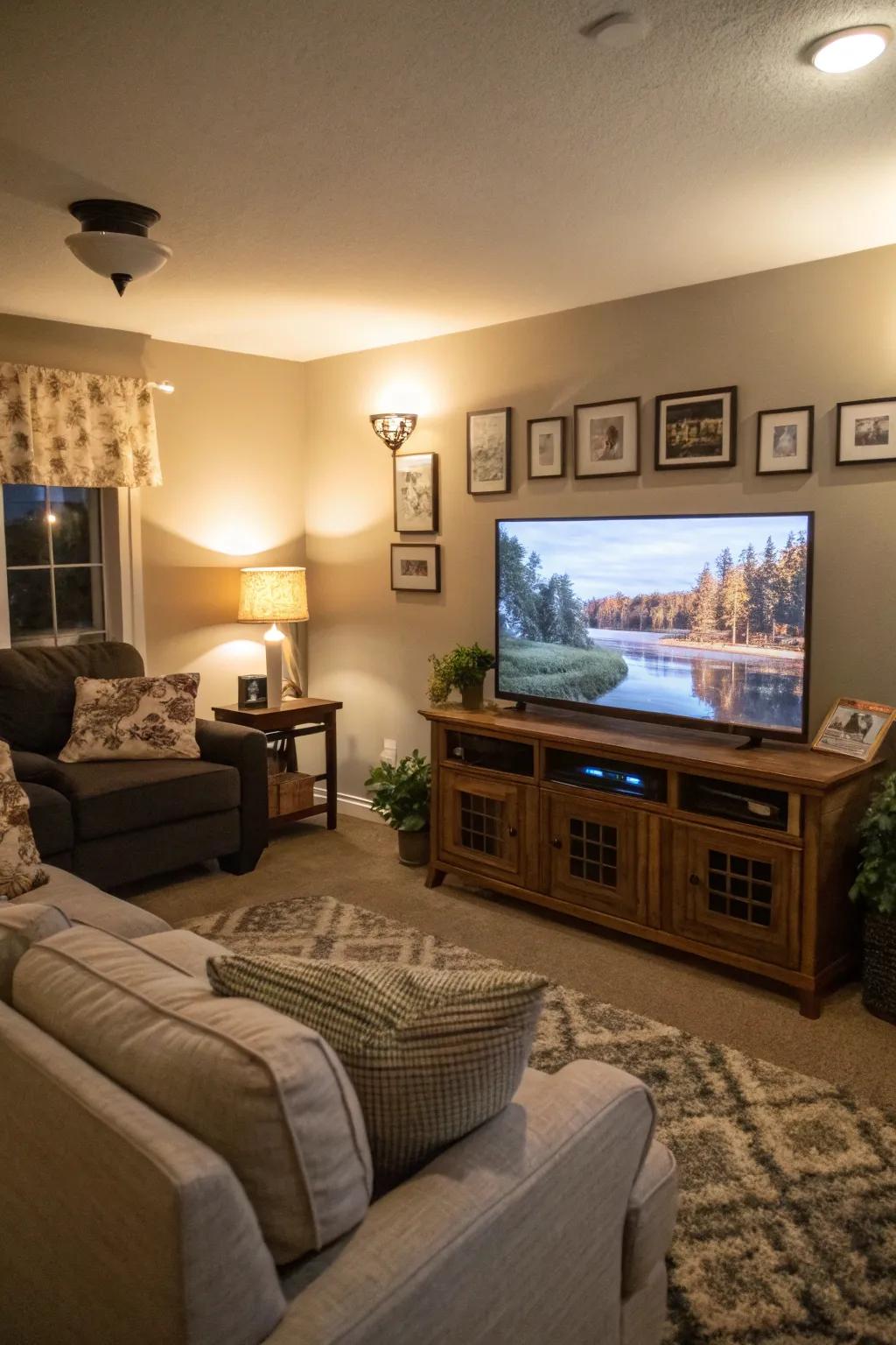 A TV displays a serene screensaver, adding a sense of calm to the family room.