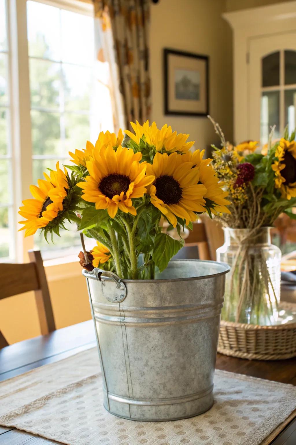 Floral blooms in a metallic container bring a burst of sunshine indoors.