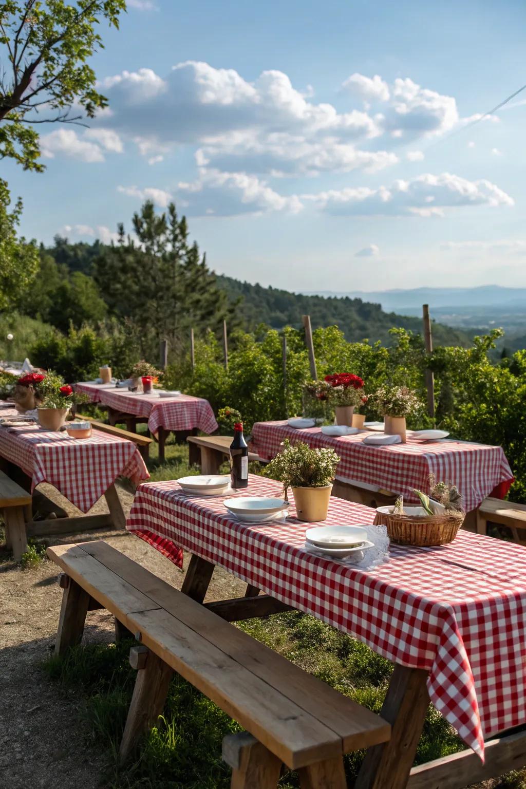 Checkered tablecloths atop picnic tables cultivate a delightful countryside environment.