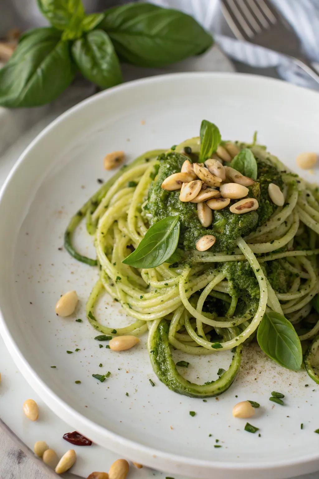 Zucchini noodles with pesto present a fresh take on a traditional dish.