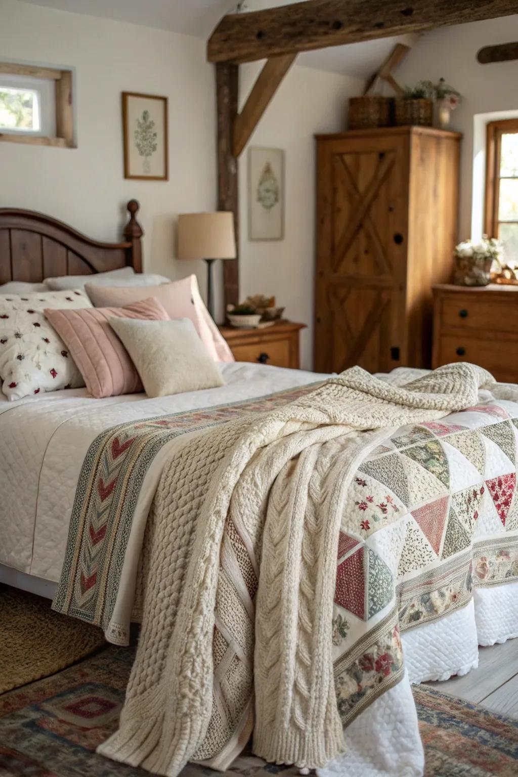 Layered textures create a cozy and inviting farmhouse bedroom.