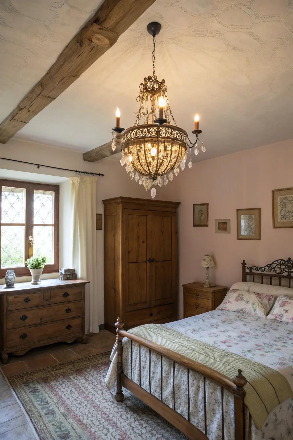 Vintage chandeliers cast an elegant glow in farmhouse bedrooms.