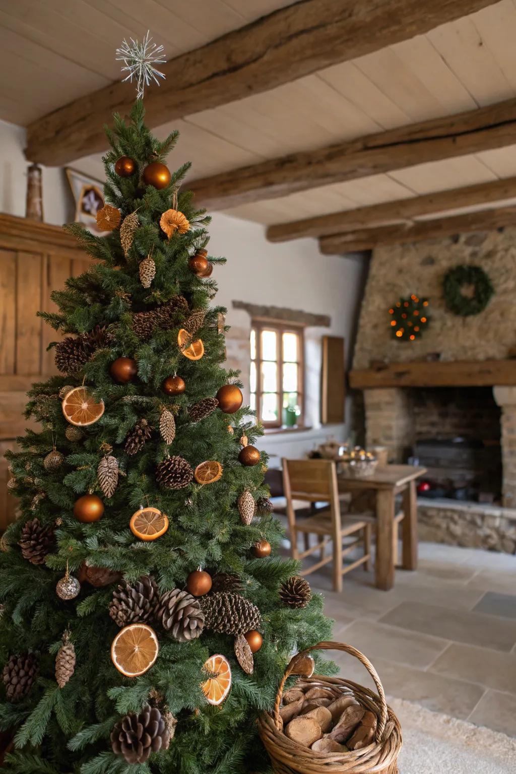 Nature-inspired elements enhance the rustic charm of this Christmas tree.