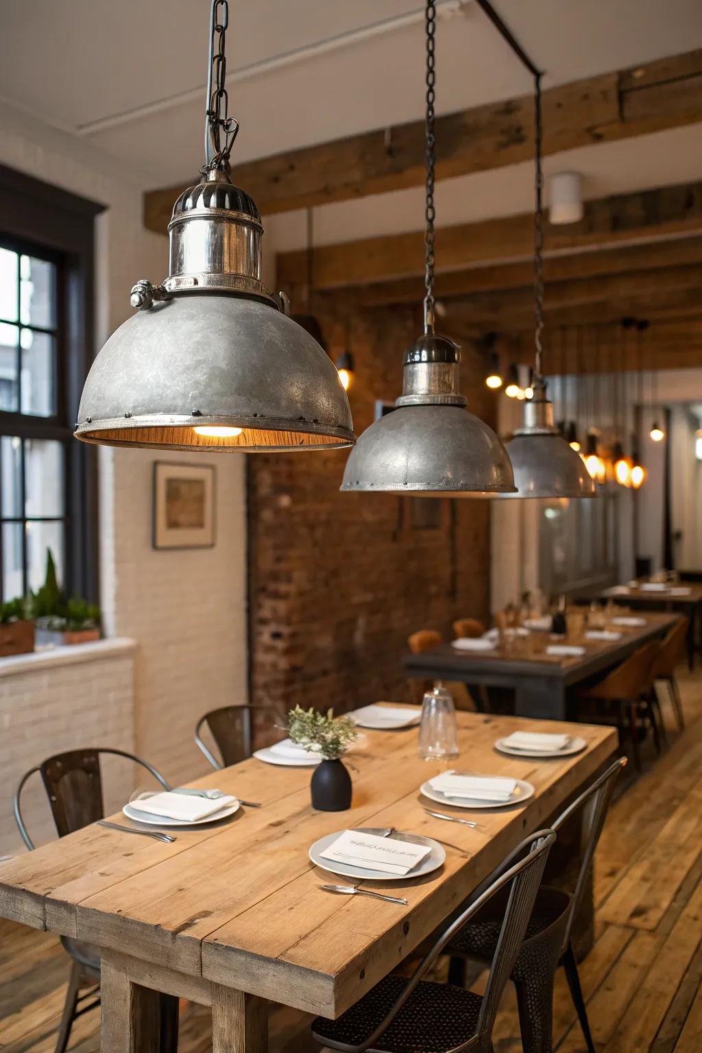 Industrial metallic fixtures offer a striking contrast to farmhouse décor.