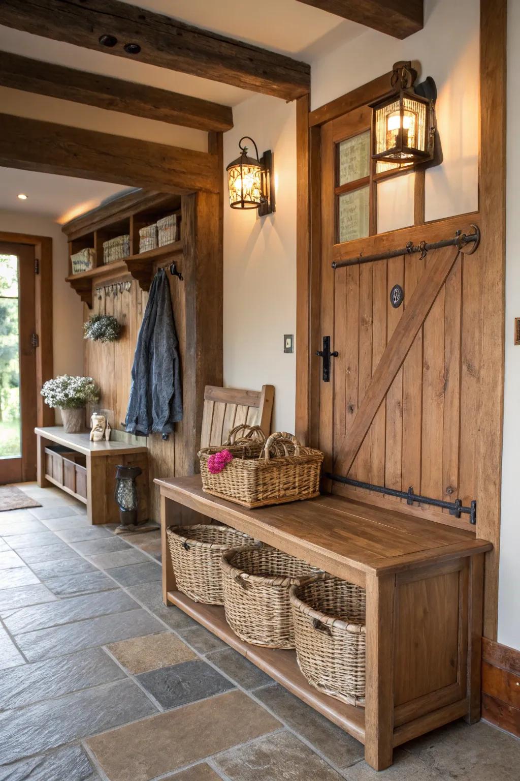 Willow baskets under a bench offer storage and maintain a rustic appearance.