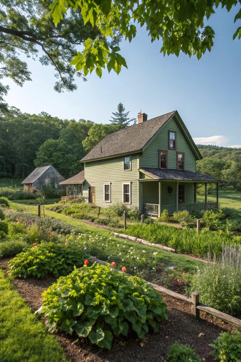 Earthy green farmhouse beautifully blending with its natural setting.