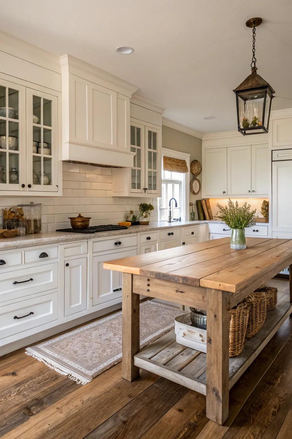 A farmhouse kitchen showcasing light minimalist-style cabinets.